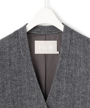 ICB WoolRever ノーカラーショートコート ヘリンボーン系