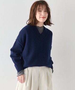 ANY ラムウールＶネックプルオーバー ダークブルー