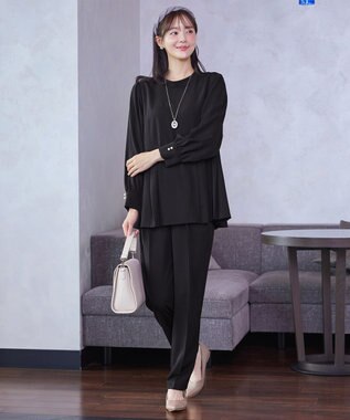 Tiaclasse 【ブラウス&パンツ2点セット】サイドプリーツブラウス×テーパードパンツ セットアップ ブラック