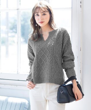 Tiaclasse L 【洗える】アラン柄キーネックニットトップス チャコールグレー