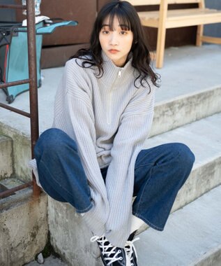 WEGO ルーズフィットハーフZIPプルオーバー ライトグレー