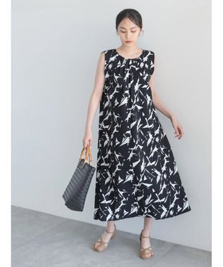 Te chichi コットンリップルアートプリントワンピース ブラック