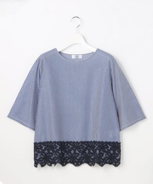 J.PRESS LADIES L 【一枚で着映え】ストライプレース クルーネック カットソー ネイビーストライプ系
