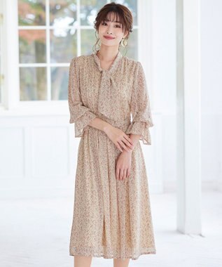 Tiaclasse L 【洗える】程良い透け感のプリントボウタイワンピース アイボリー