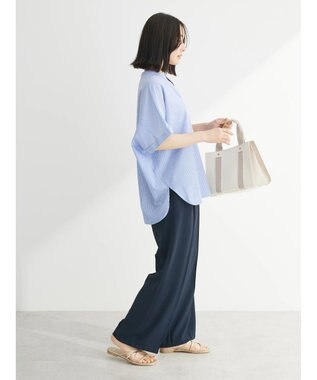 Green Parks 綿麻混フレンチスリーブスキッパーシャツ Stripe Blue