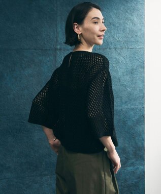 UNFILO L クロシェレースニット ハーフスリーブ プルオーバー ブラック