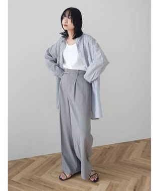 Green Parks 綿麻混タブ付オーバーサイズシャツチュニック Stripe Black