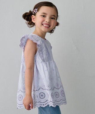 ANY KIDS ひんやり レース刺繍ブラウス 【新色】ラベンダー×ギンガム