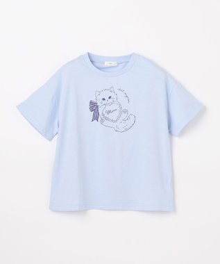 ANY KIDS 【綿100%/接触冷感】ひんやり オーバーサイズ アニマルTシャツ サックスブルー×ネコ