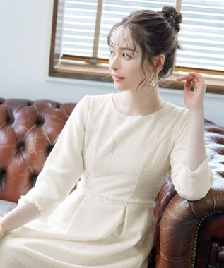 Tiaclasse 絶妙なMIXカラーのツイード素材で存在感溢れるタックワンピース オフホワイト