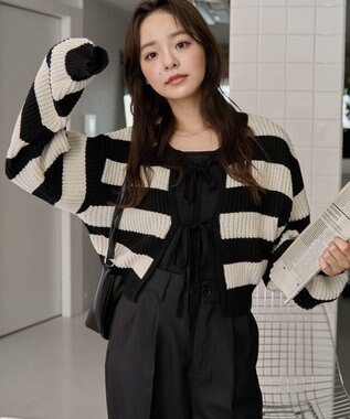 WEGO 【2024年秋冬新色カラー追加★】リボン2WAYカーデ ブラックボーダー