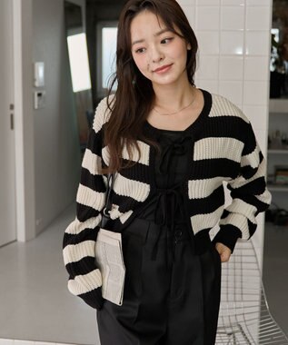 WEGO 【2024年秋冬新色カラー追加★】リボン2WAYカーデ ブラックボーダー