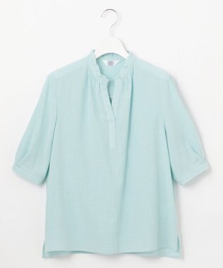 J.PRESS LADIES 【洗える】SHEER ギンガム スキッパー ブラウス オフ×アクアグリーン系