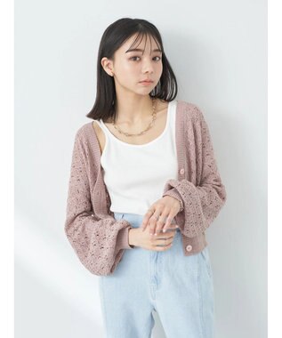 earth music&ecology 透かし編みテープヤーンカーディガン Pink