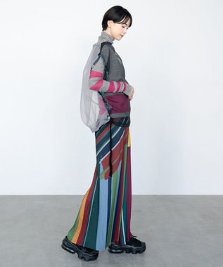 COQ DIALOGUE 前後2WAYプリーツパンツ グリーンマルチカラーストライプ