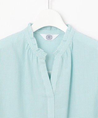 J.PRESS LADIES S 【洗える】SHEER ギンガム スキッパー ブラウス オフ×アクアグリーン系