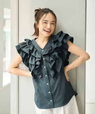 #Newans ラッフルフリルブラウス ネイビー
