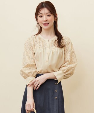 ANY SIS S 【洗える】エンブロイダリーコンビ ブラウス ライトイエロー