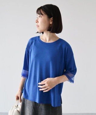 Green Parks 袖チュールドッキングシアー５分袖プルオーバー Blue