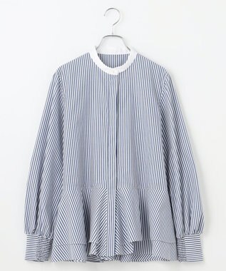 #Newans 【シワになりにくい/洗濯機可能】ダブルフリルヘムシャツ ネイビーストライプ