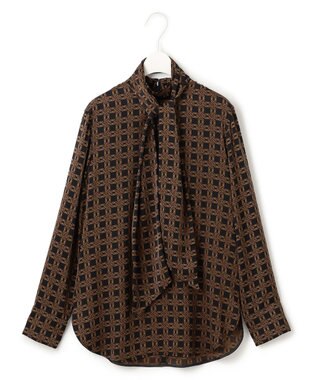 ICB 【洗える】レトロウォールペーパープリント ブラウス コーヒー×ブラック系