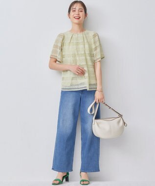 組曲 L 【ストレッチ】ミッドデニム ワイドストレートパンツ ユーズドブルー系