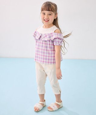 ANY KIDS チェック オフショルダー ブラウス ピンク