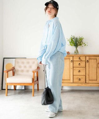 WEGO ボリュームスリーブシアーシャツ ブルーチェック1