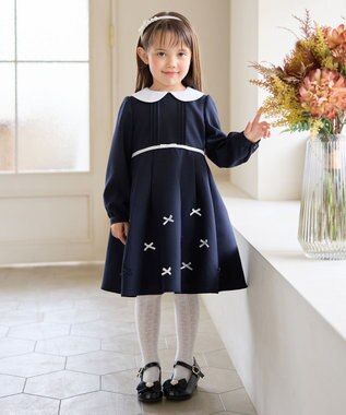 ANY KIDS 襟付き リボン 長袖ワンピース ネイビー