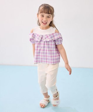 ANY KIDS チェック オフショルダー ブラウス ピンク