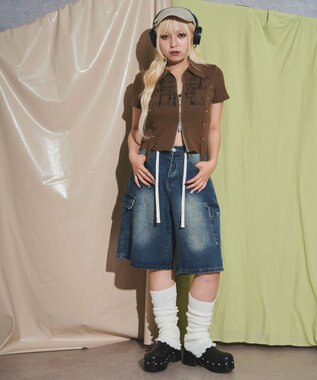 WEGO WジップスタッズクロップドSSトップス カーキ