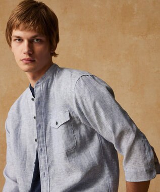 JOSEPH ABBOUD 【麻100％・軽い・涼しい】 モイスチャーリネンバンドカラーシャツ サックスブルー系