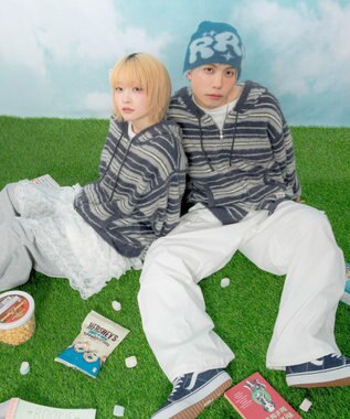 WEGO 【ユニセックス着用ITEM】シャギーボーダーニットパーカー ネイビー