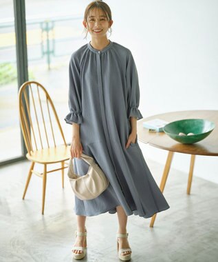 組曲 【WEB限定】クレープストレッチ シャツワンピース ダスティブルー系