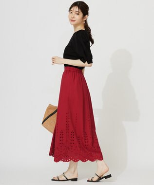 ANY SIS L 【洗える】カットワークエンブロイダリー スカート レッド
