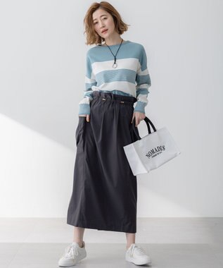 23区 L 【洗える】コットンポリエステルストレッチ ショート ニット セージ×オフ