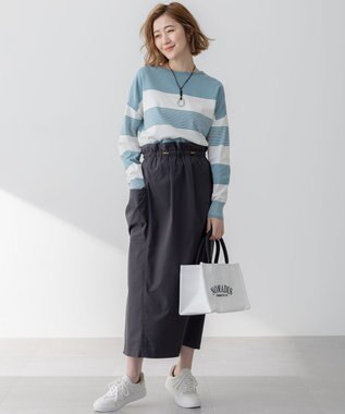 23区 【洗える】コットンポリエステルストレッチ ショート ニット セージ×オフ