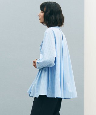 UNFILO 【セレモニー】バンドカラー タックブラウス ブルーストライプ