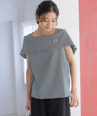 組曲 L GIZAコットンオフショルダー カットソー ネイビー×オフ系2