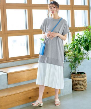 Tiaclasse 【洗える】裏毛プリーツコンビワンピース グレー×オフ