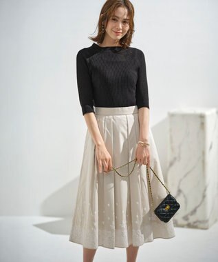 組曲 レースパネルプリント タックフレアスカート クリームベージュ系