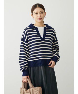 Green Parks キーネックボーダープルオーバー Navy