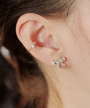 Tiaclasse 【金属アレルギー対応・選べる2タイプ】クリスタルリボンピアス ゴールドB