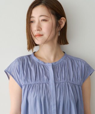 YECCA VECCA <<接触冷感>>フレンチスリーブギャザーブラウス Stripe