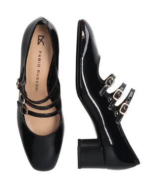 INTER-CHAUSSURES 【FABIO RUSCONI】スクエアトウトリプルストラップパンプス ブラックエナメル