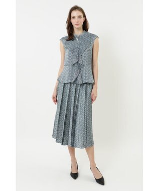 DAKS サテンプリントプリーツスカート サックス