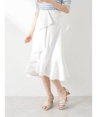 earth music&ecology アシメペプラムフレアバックレースミディ丈スカート White