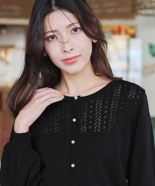 Tiaclasse 【洗える】透かし柄ニットコンビカーディガン ブラック