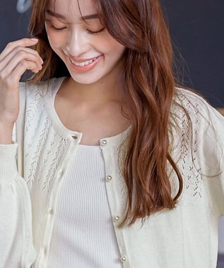 Tiaclasse 【洗える】透かし柄ニットコンビカーディガン オフホワイト