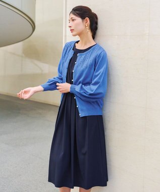 Tiaclasse 【洗える】透かし柄ニットコンビカーディガン ブルー